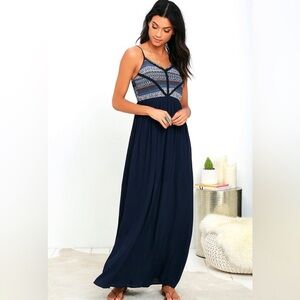 Lulus Playa Ciudad Navy Blue Print Maxi Dress Embroidered size S